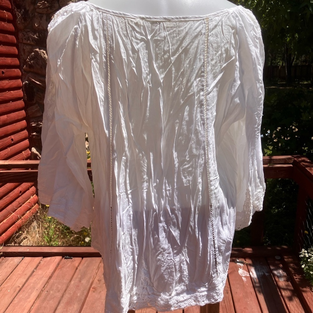 Solitaire rayon top w/ cotton crochet trim, BoHo flare sleeve & lace peek a boo - Picture 2 of 13